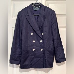 Lauren Ralph Lauren Navy Blue Double-Breasted 100% Linen Blazer 12 Petite